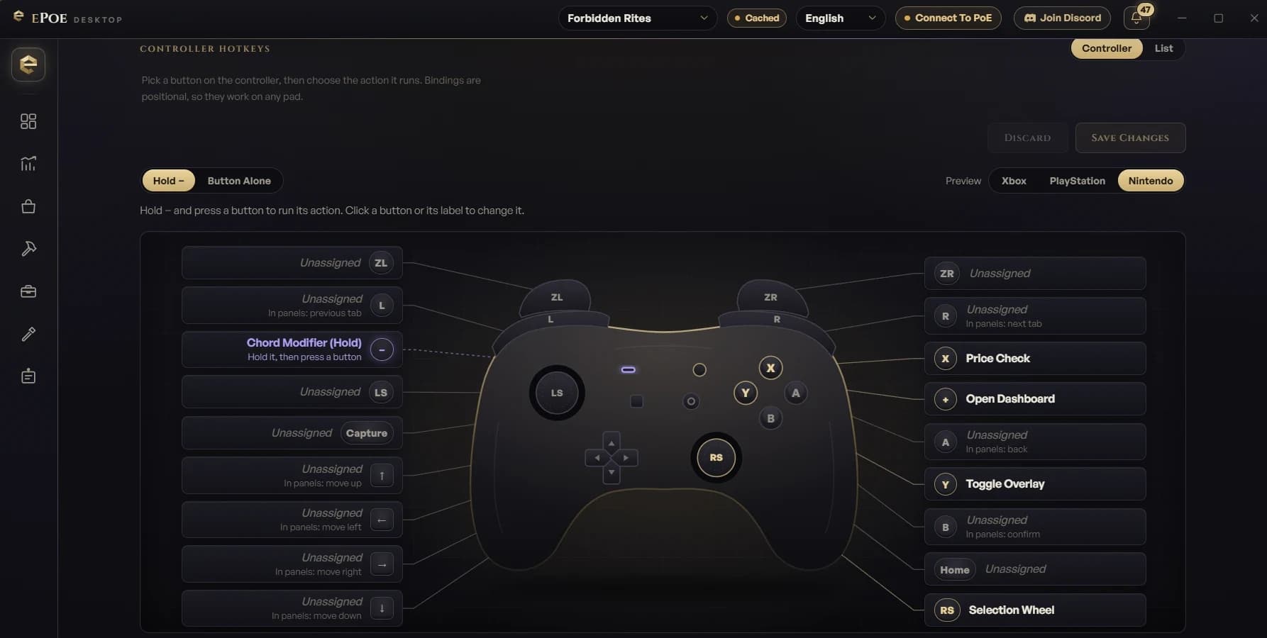 ePOEs Controller-Diagramm: jeder Gamepad-Knopf hat eine Beschriftung mit der ausgelösten ePOE-Aktion