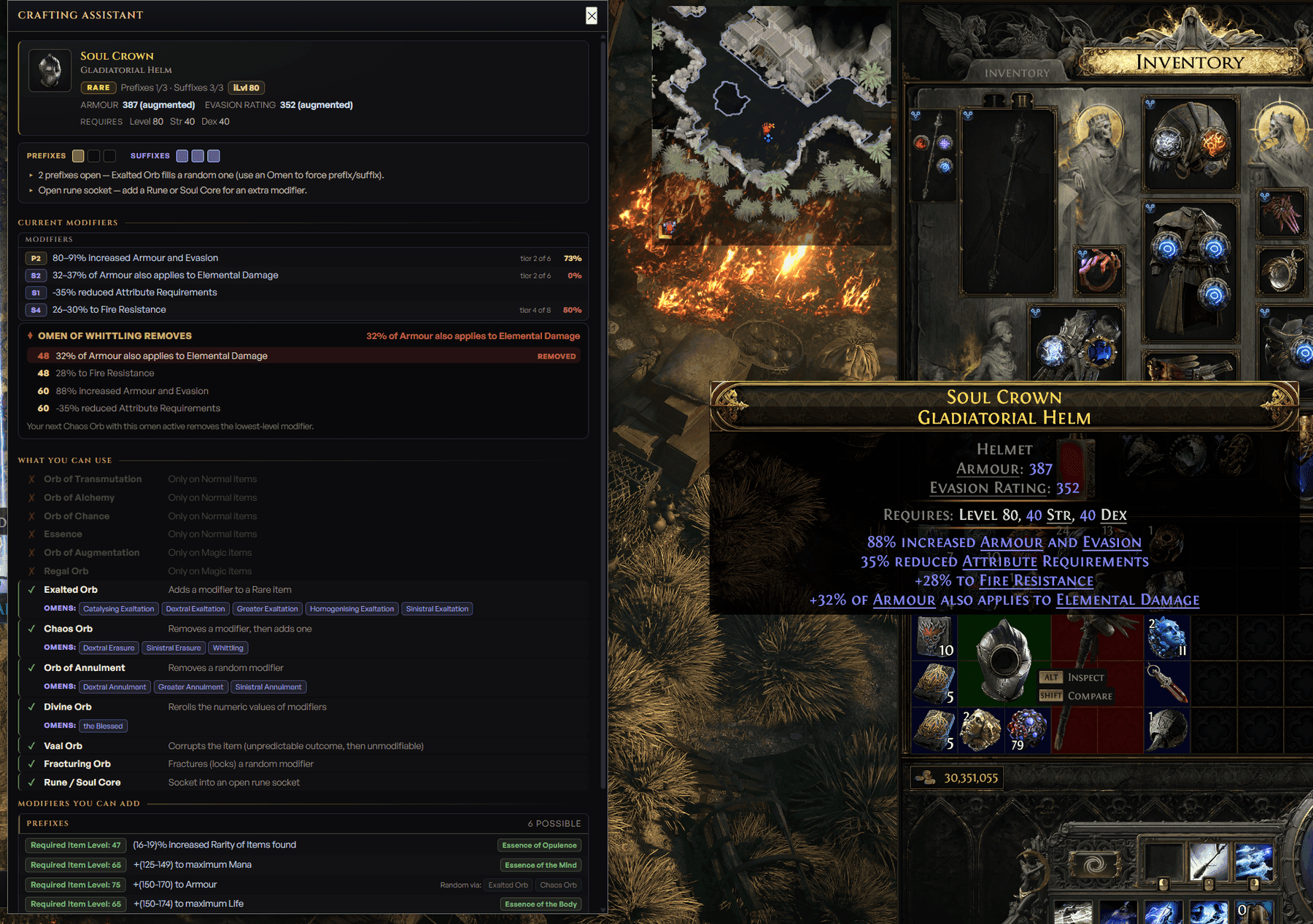 Assistant d'artisanat ePOE montrant les niveaux de modificateurs, la monnaie utilisable et les modifications d'artisanat disponibles au-dessus de Path of Exile 2