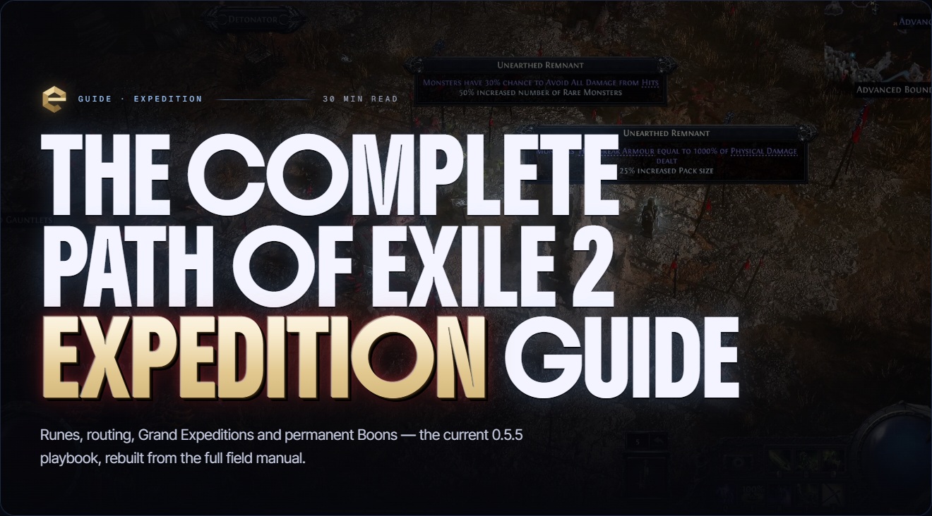 Khu khai quật Expedition trong Path of Exile 2 — các Remnant đã khai quật và kíp nổ — cùng tiêu đề Hướng dẫn Expedition toàn tập của ePOE.