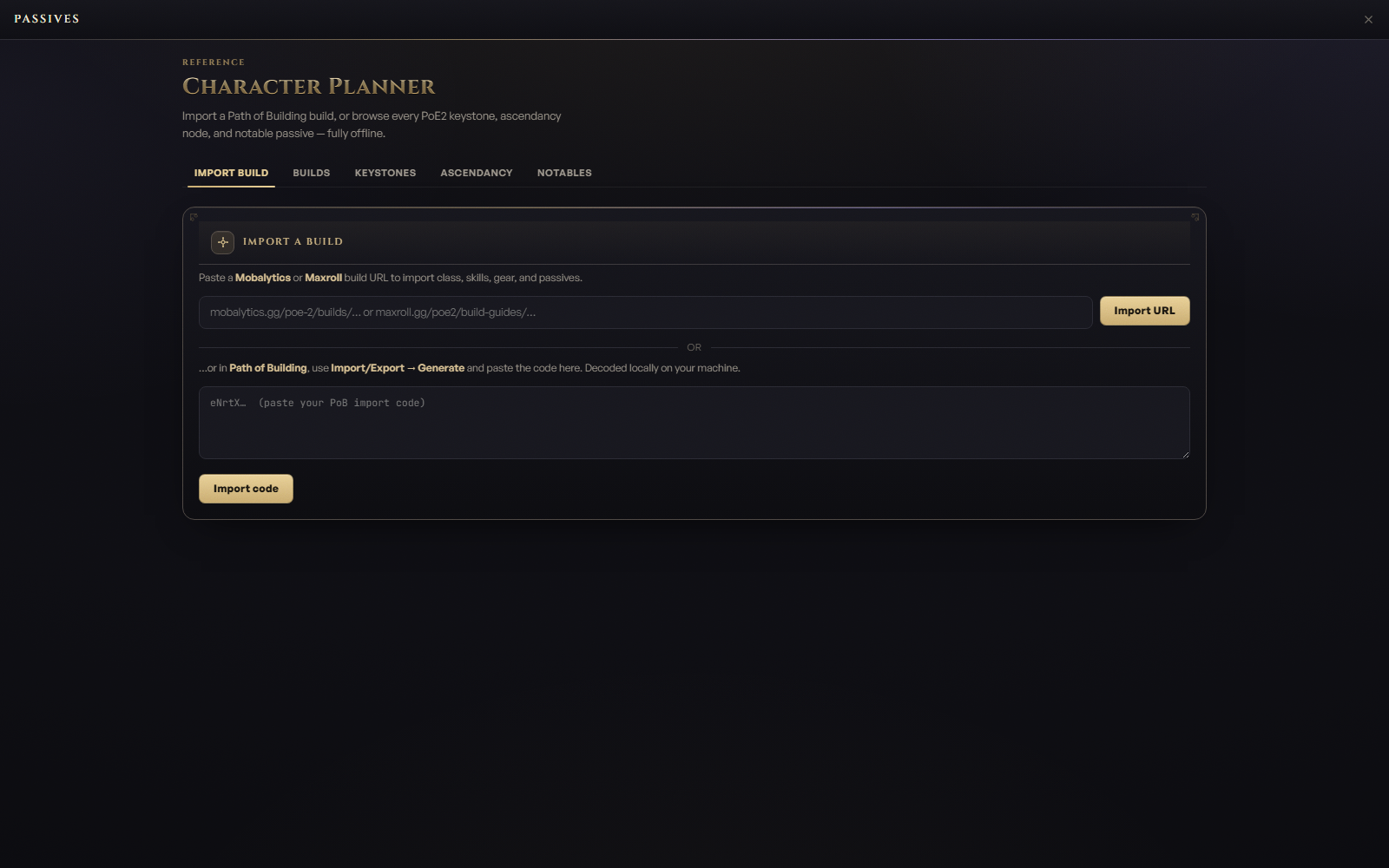 ePoe character planner with Path of Building and Mobalytics build import
