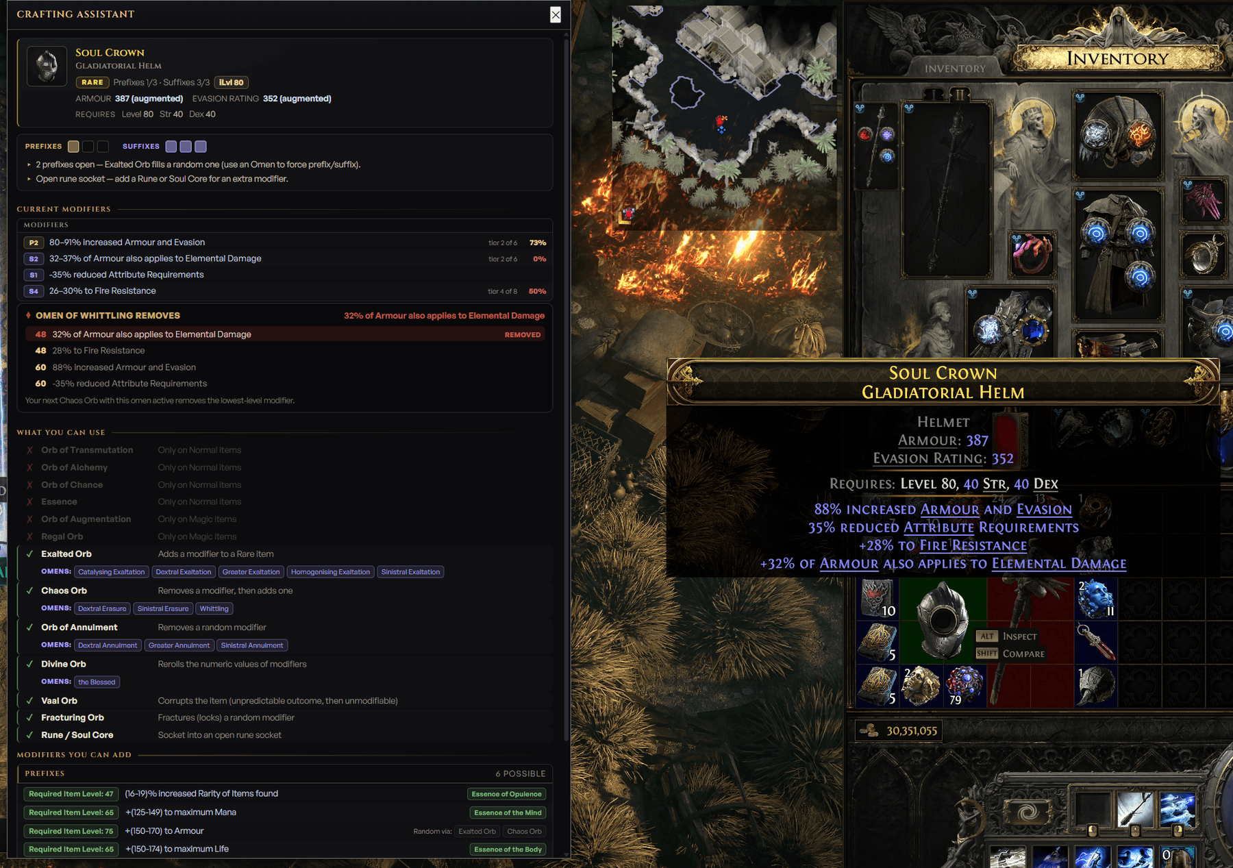 ePoe crafting assistant reading a rare item and listing usable currency and possible mods