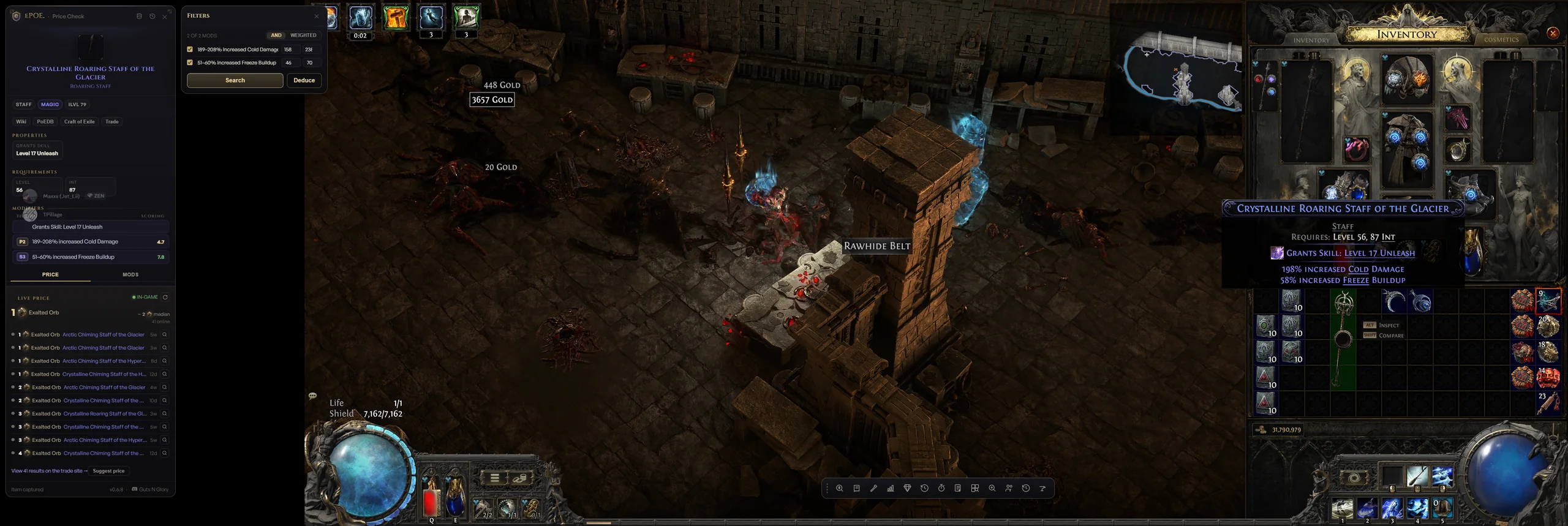 The ePoe price-check panel open mid-map over live Path of Exile 2 gameplay, pricing a freshly identified staff against real listings