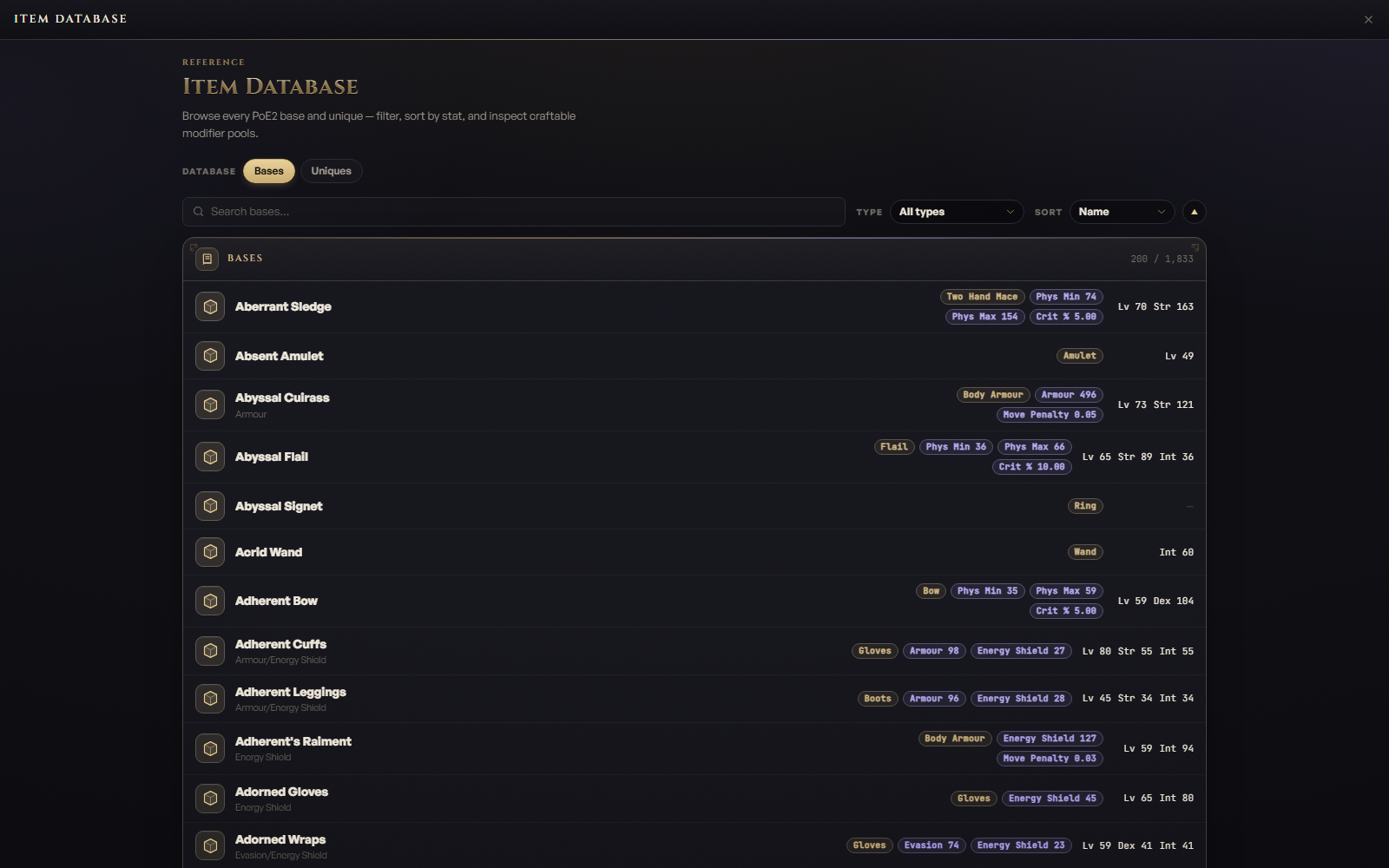 ePoe in-game item database listing weapon and armour bases with stats