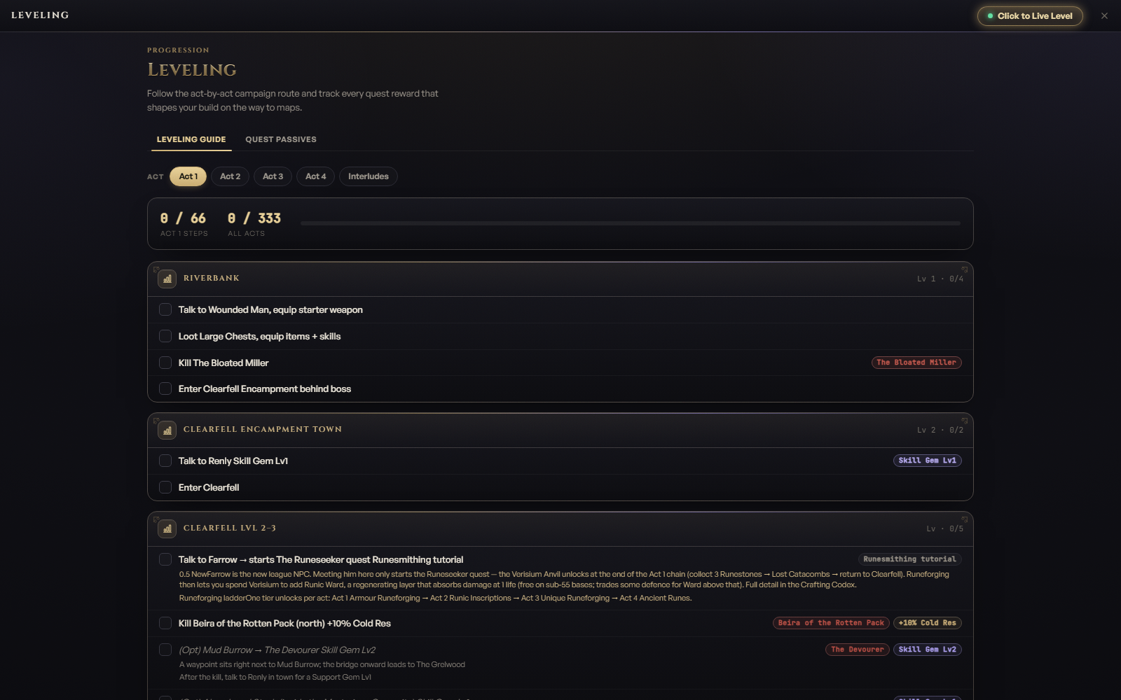 ePoe leveling tracker showing the act-by-act route with quest rewards