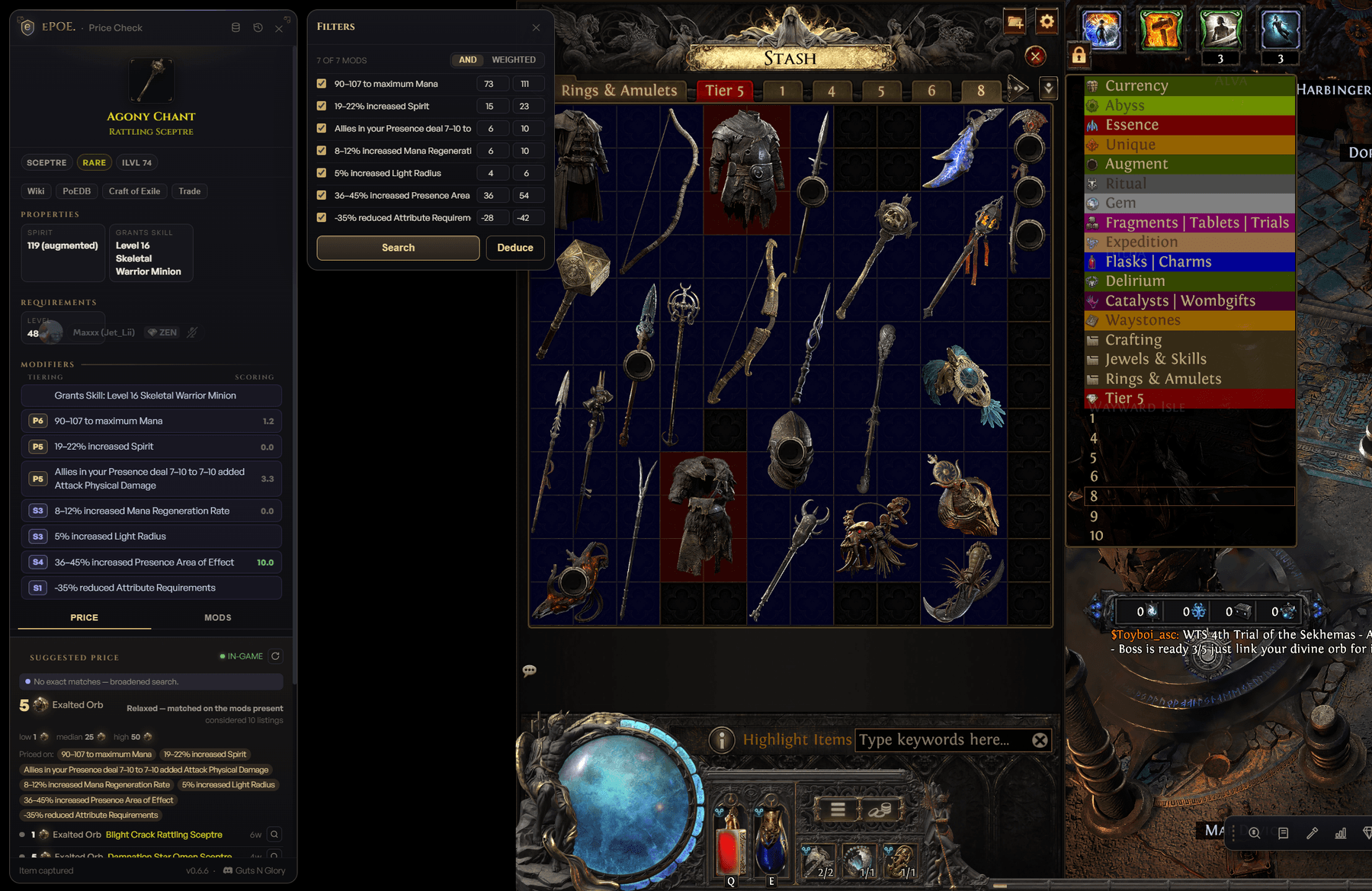 ePoe price check panel over Path of Exile 2 showing comparable listings and a suggested price